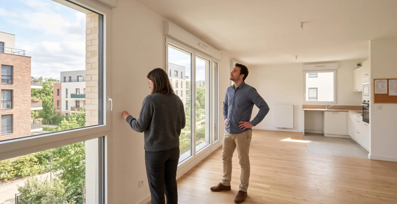 Jeune couple visitant appartement moderne lumineux avec grandes fenêtres, salon spacieux avec parquet clair et cuisine ouverte, lumière naturelle, architecture contemporaine française