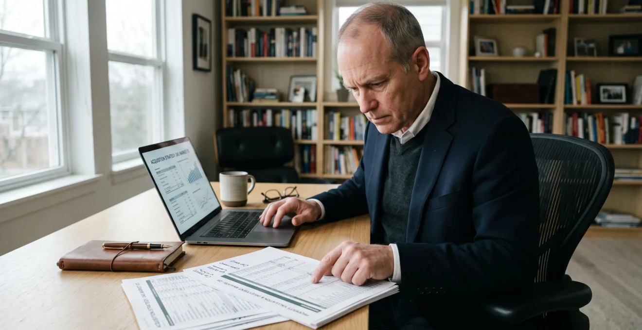 Entrepreneur étudiant les documents de financement pour un projet immobilier professionnel.