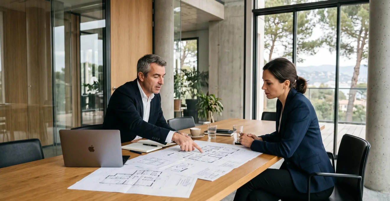 Consultation immobilière sur plans de bureau dans un immeuble moderne des Alpes-Maritimes.